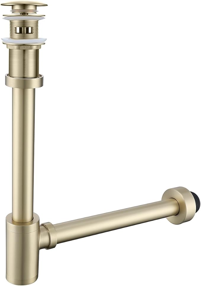 RANDOM Brushed Gold Brass Round Bottle P Trap Kit with Pop Up Drain Stopper with Overflow.RD83888BG-L-S6