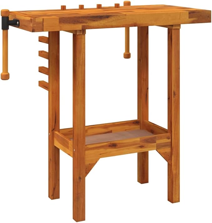 vidaXL Solid Wooden Workbench with Acacia Wood Top and Vices for Workshops Garages and Sheds – Large Space High Strength