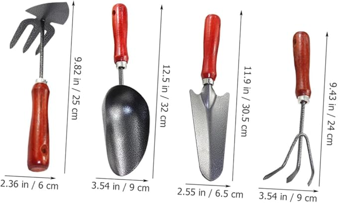 jojofuny 4pcs Garden Tool Set with Small Trowel Narrow Spade Three-Prong Cultivator and Dual-use Hoe Mini Handheld Soil Scoop for Planting Digging and Gardening Tasks
