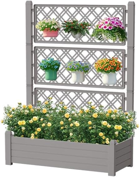 Vertical Garden Planter with Trellis for Climbing Plants Outdoor Raised Bed with Drainage &amp Water Gauge Weatherproof Resin for Patio Balcony Yard Dust-Resistant (Grey 43.43*18.27*59.29)