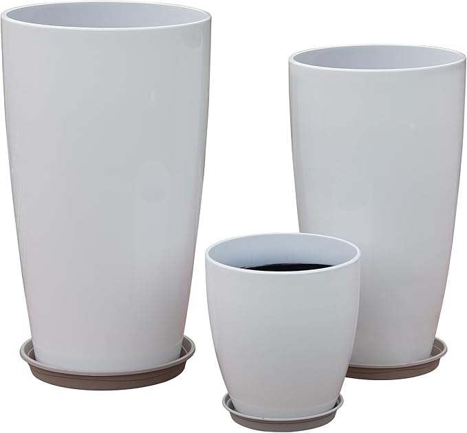 242111 Inch Large Plastic Planters with Drainage Hole and Saucer - Set of 3 Tall Plant Pots Indoor Flower Pot Tall Round Planters Outdoor Large Tall Planter