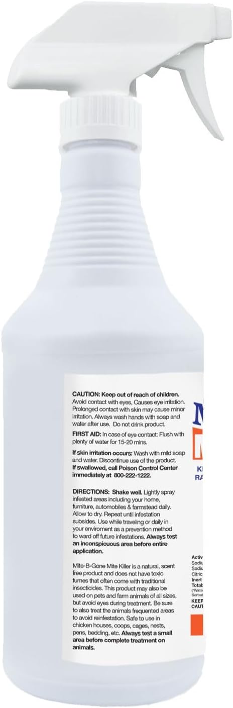 Mite Killer Spray by Mite-B-Gone - 32oz | Plant-Based Treatment for Human Dust Chicken Bird Carpet &amp Rat Mites in Homes Furniture &amp Bedding | Farm Family &amp Pet Safe