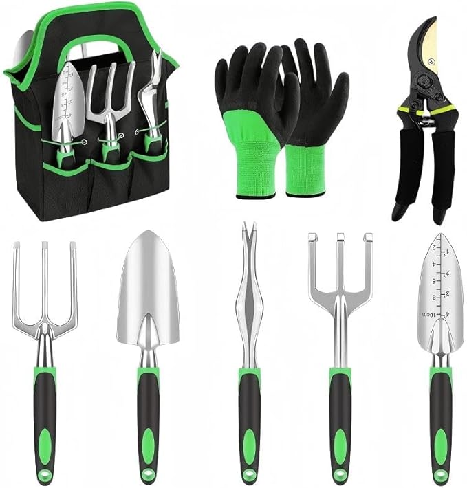 Garden Tool Set 8 Piece Gardening Tools Kit with Trowel Transplanter Cultivator Weeder Pruning Shears Gloves and Carrying Bag (Green)