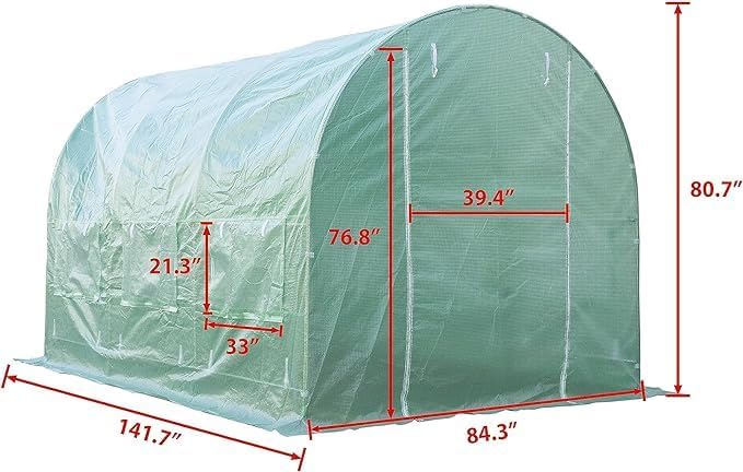 Replacement Cover for Portable Greenhouse Large Walk-in Green Hot Garden House Top Tarp 2 Zippered Doors Green 6 Roll-up Windows (Frame Does NOT Included) (12 x 7 x 6.7 ft)