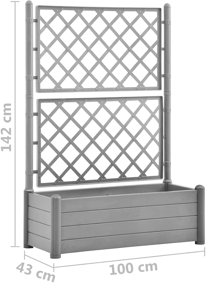 Stone Grey Polypropylene Garden Planter Rectangular Raised Bed with Integrated Trellis 39.4 x 39.4 x 55.9 Inch for Outdoor Plants Balcony Patio UV-Resistant
