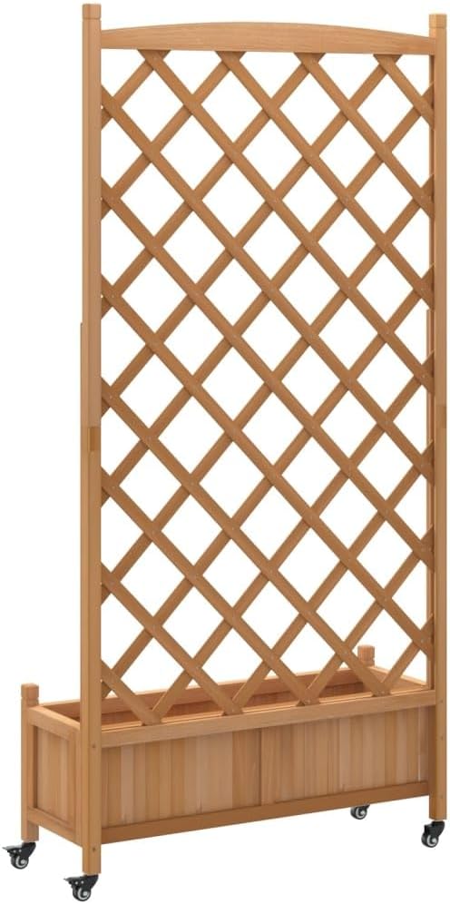 Wood Planter Box with Trellis and Wheel Outdoor Raised Garden Bed for Climbing Plants Free-Standing Trellis Planter Box 35.4x13.8x73.8 Brown Solid Wood Fir