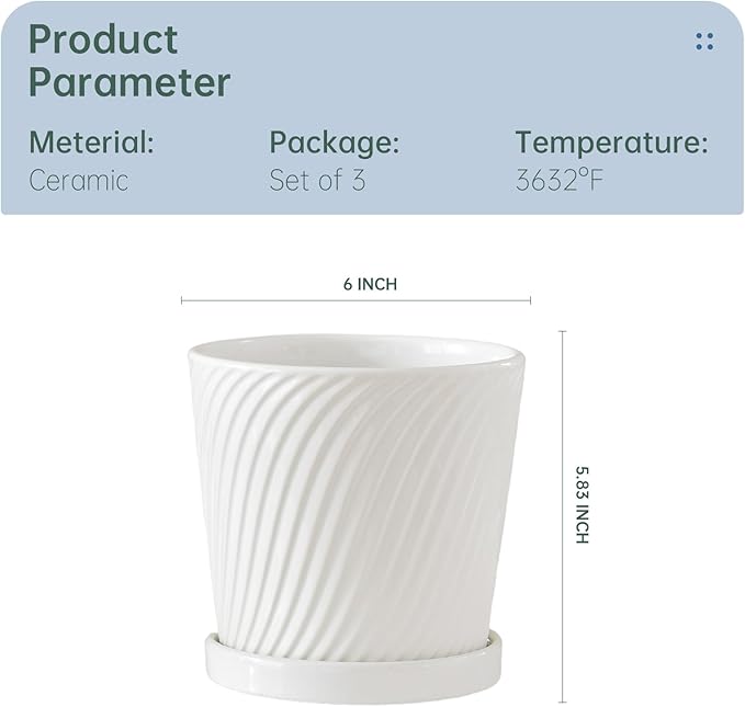 Ton Sin Plant PotsWhite 6 Inch Flower Pots for PlantsCeramic Planter with Drainage HolesIndoor Planter Pots with SaucerOutdoor Garden Pots (White 4 Pack)
