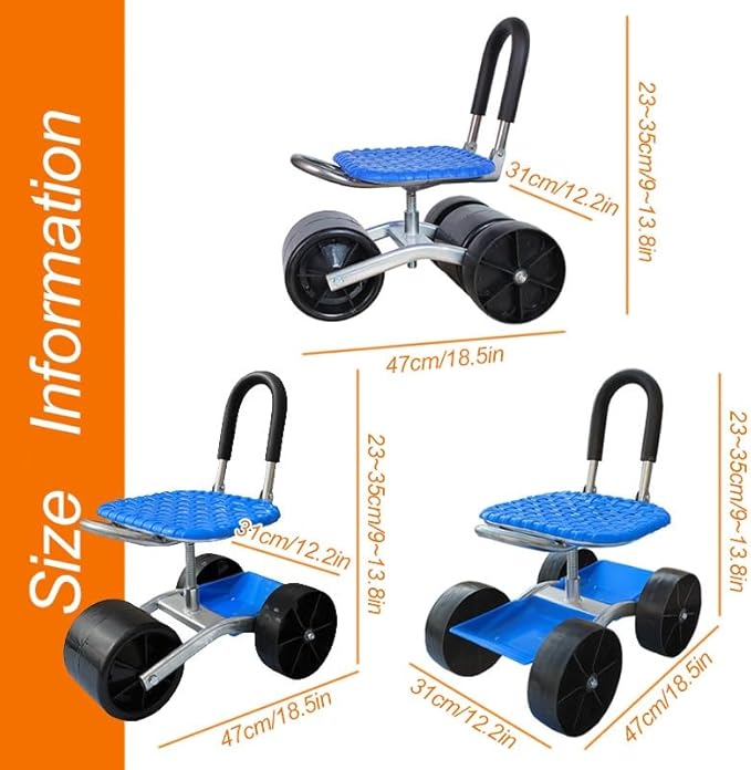 Garden Cart Rolling Workseat Rolling Stool with Wheels and Storage Shelf Foldable Garden Seat with 360° Rotating Seat Adjustable Height 23-35cm for Patio Lawn Yard(A)