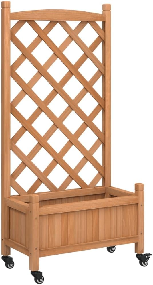 Wood Planter Box with Trellis and Wheel Outdoor Raised Garden Bed for Climbing Plants Free-Standing Trellis Planter Box 21.7x11.6x46.3 Brown Solid Wood Fir