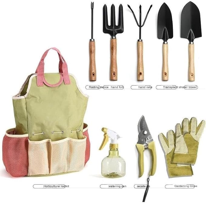 Garden Tool Set with Storage Tote Bag 8 Piece Hand Tools Kit with Pruning Shears and Gloves Green and Pink