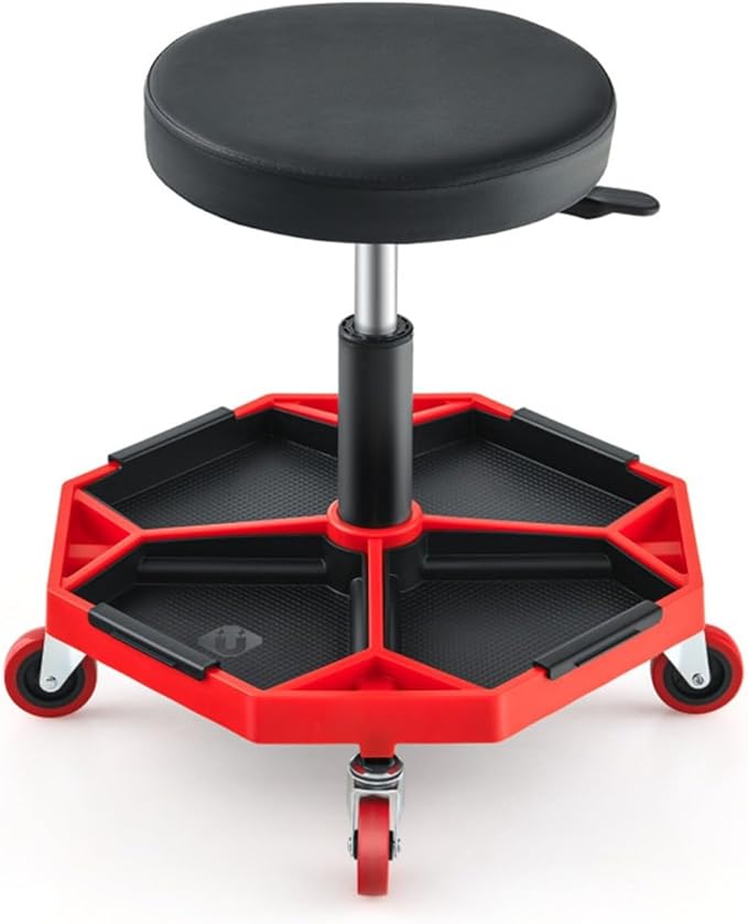 Heavy-Duty Adjustable Height Rolling Workshop Stool with Tool Tray Pneumatic Lift 360° Swivel Seat and Heavy Load Capacity