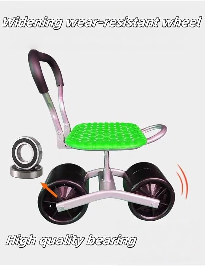 German Craft Garden Rolling Work Stool - Foldable Adjustable Height Gardening Bench with Wheels &amp Backrest for Gardening Farming Auto Repair Workshop (300lbs CapacityTwo wheels red foldable)