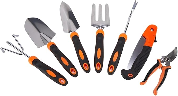 Stainless Steel Garden Tool Set with Shovel Rake Fork Root Extractor Scissors and Folding Saw