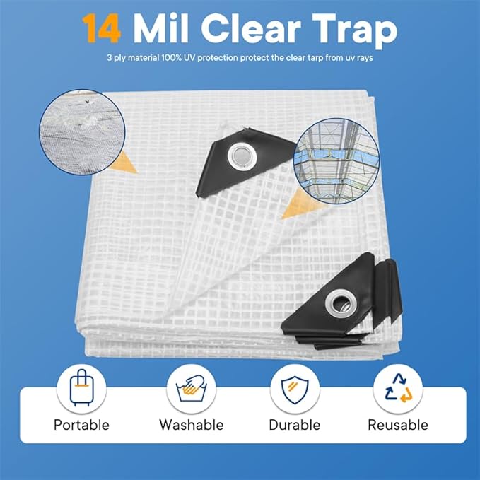 Clear Greenhouse Plastic Covering 8x10FT14 Mil Clear Waterproof Cover UV Resistant Poly Tarp with Grommets Superior Strength Film Plastic Sheeting for Canopy Farming