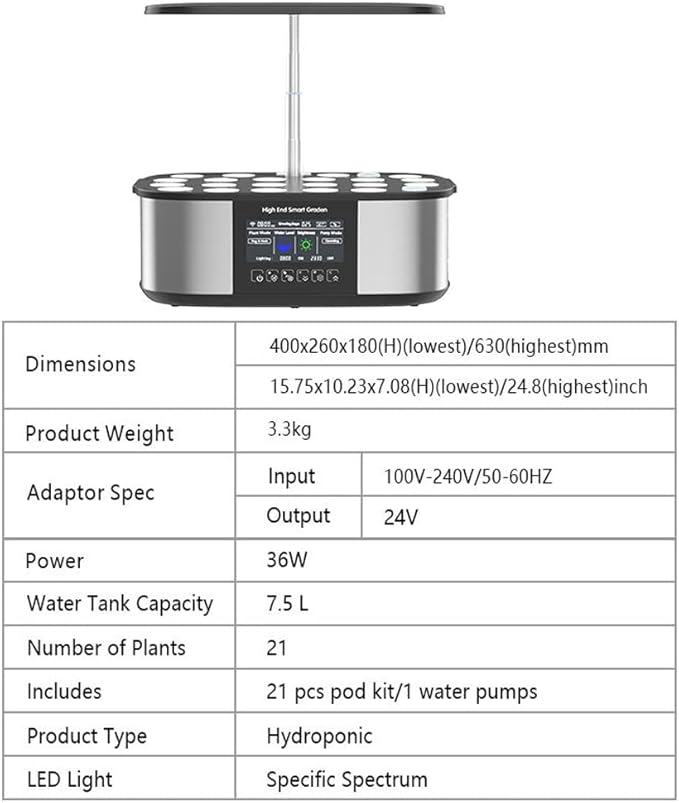 21 Pods Hydroponic Growing System WiFi Smart Garden with 4.8-inch Large-Screen Display Indoor Herb GardenAdjustable Height7.5L Water Tank Hydroponic Herb Garden Kit