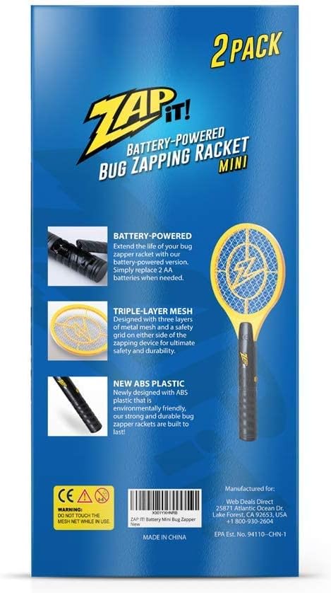 Zap It Bug Zapper Battery Powered (2xAA Included) Bug Zapper Racket 3500 Volt 2 Pack