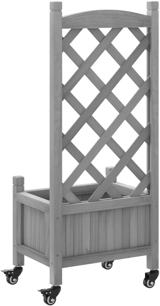 vidaXL Plant Pot with Trellis Wheels Flower Box with Trellis Planter for Patio Garden Plant Box Grey Solid Wood Fir 40 x 30 x 97.5 cm 3207645