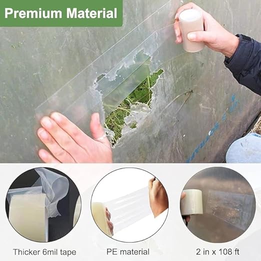 Farm Plastic Supply - Greenhouse Film Repair Tape Reinforced 6 mil Greenhouse Cover Plastic Sheeting Tape Clear Green House Covering Patch Repair Kit for Seaming and Sealing (4 x 100')
