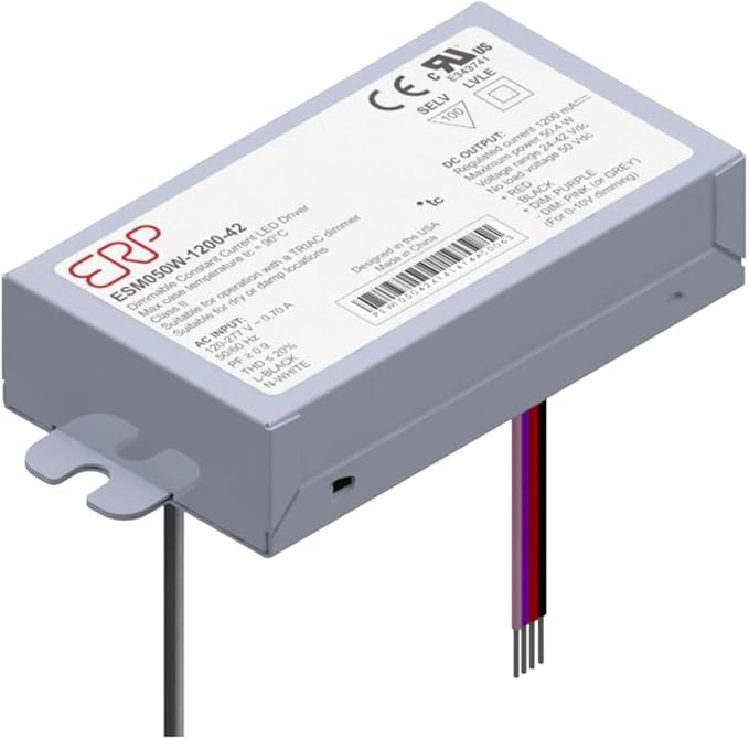 ERP ESM050W-1050-42 Constant Current LED Driver - 50W 1050mA | Universal 120-277V Input | Bottom Exit Leads with Studs