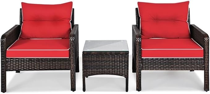 Pemberly Row 3-Piece 26'' Rattan Conversation Set Outdoor Seating Ensemble Built for Casual Comfort and Interaction Red