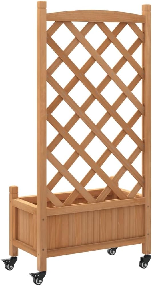 Wood Planter Box with Trellis and Wheel Outdoor Raised Garden Bed for Climbing Plants Free-Standing Trellis Planter Box 21.7x11.6x46.3 Brown Solid Wood Fir