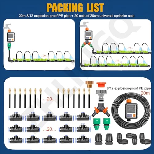 Drip Irrigation System Kit with Smart Timer 360° Adjustable Garden Watering Solution for Greenhouse Yard &amp Plants 20m/65.6ft Automatic Irrigation Setup