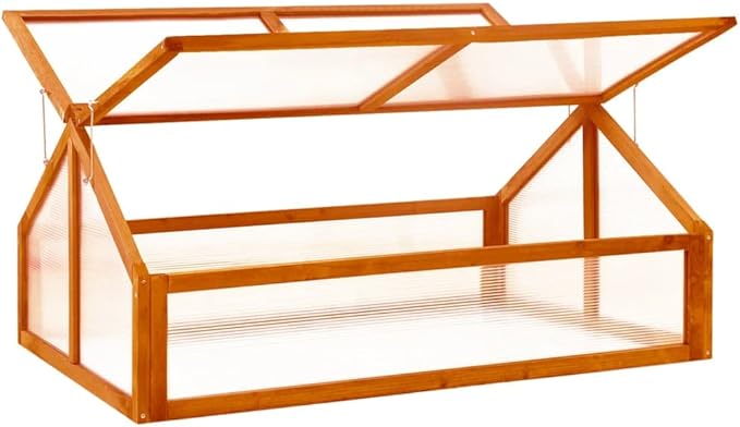 Wooden Garden GreenhouseWood Raised Plants Bed Raised Flower Planter Box Garden Wood Cold Frame Greenhouse Flower Planter Brown 44.8x31.4x19.6 Firwood-684