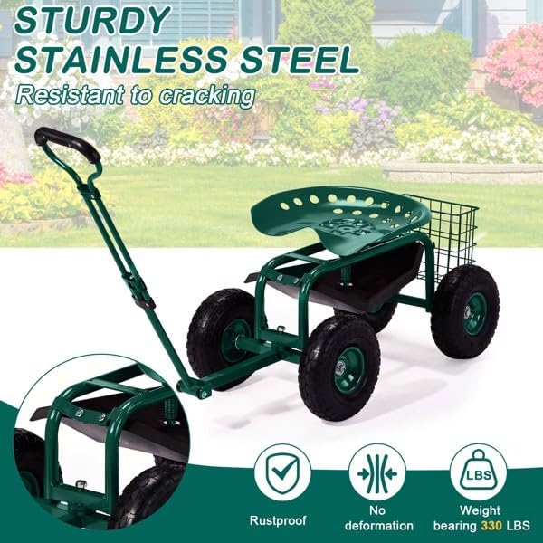 Garden Scooter Stool with Wheels Rolling Gardening Seat with Swivel &amp Tool Tray Adjustable Work Seat with Extendable Handle for Weeding Planting Outdoor Work Foldable Garden Seats