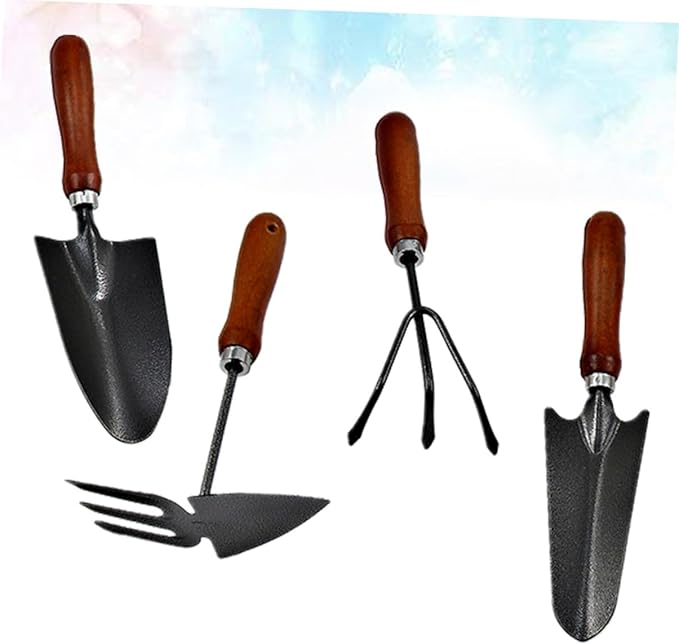 Toyvian 4pcs Mini Garden Tool Set with Stoving Varnish Shovel and Thickened Iron Spade Wooden Handle Planting Tools for Gardening and Potting