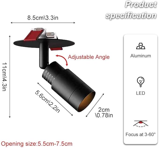 Spotlight 3w Recessed Lighting Fixture Zoomable 3°-60°Spotlights Adjustable Flush Mount Spotlight Directio l Focus Accent Lamps