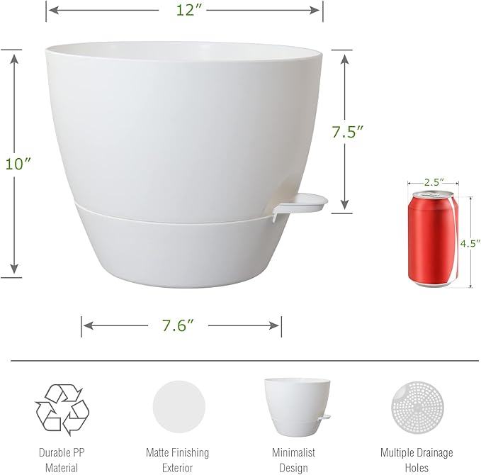 12inch Self Watering Pots Plastic Planters with Mesh Drainage Holes and Deep Reservoir for Indoor Outdoor Garden Plants and Flowers White