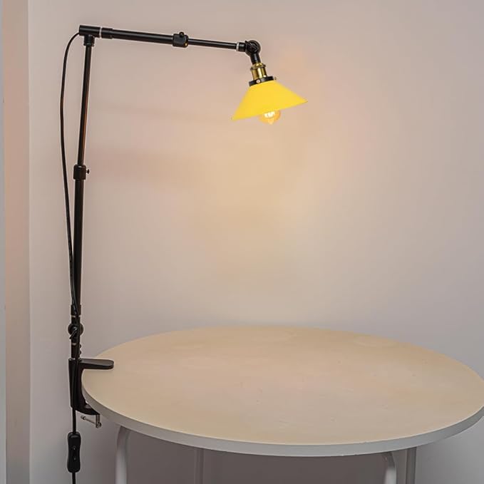 Clip Mount Plant Growing Stand Socket Light E26 Base 15Ft Timer Switch Cord Adjustable Length Yellow Shade for Indoor Desk Or Shelf Plants(No Bulb)