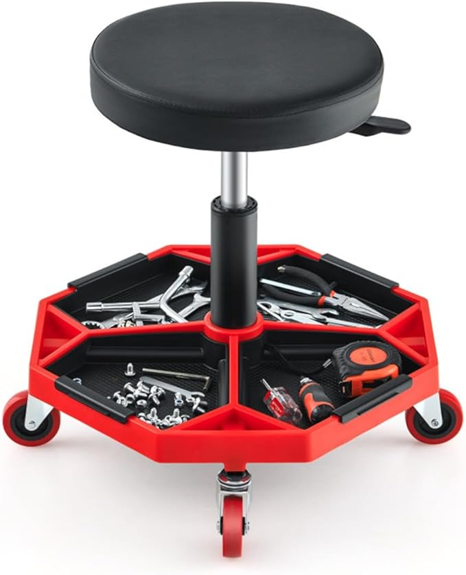 Heavy-Duty Adjustable Height Rolling Workshop Stool with Tool Tray Pneumatic Lift 360° Swivel Seat and Heavy Load Capacity