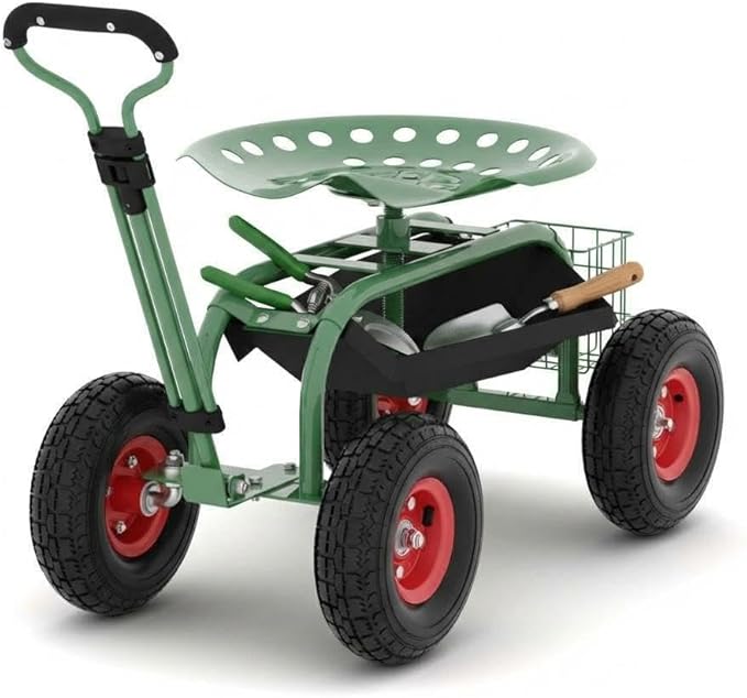 CuisinSmart Garden Cart with Seat on Wheels Rolling Gardening Stool with 360° Swivel Seat Steering Handle &amp Large Utility Tool Tray for Planting Weeding Lawn Care