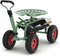 CuisinSmart Garden Cart with Seat on Wheels Rolling Gardening Stool with 360° Swivel Seat Steering Handle &amp Large Utility Tool Tray for Planting Weeding Lawn Care