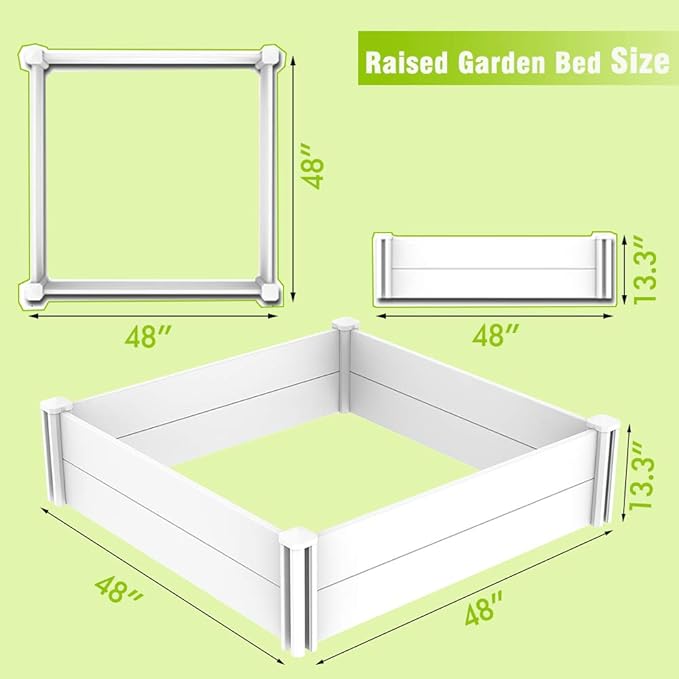 Raised Garden Bed Kit 4'x4' Outdoor Above Ground Planter Box for Growing Vegetables Flowers Herbs DIY Gardening Whelping Pen and More Screwless White Vinyl Garden Bed with Grid