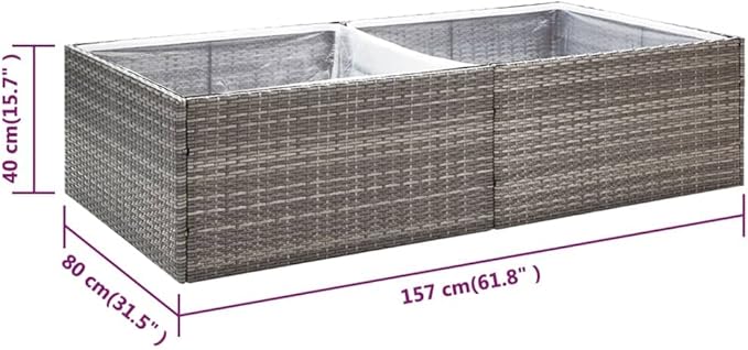 Large 61.8 Grey Rectangular PE Rattan Raised Planter Box with UV-Resistant Finish Drainage &amp Clear Inner Liner Durable Elevated Garden Bed for Patios Balconies and Backyards