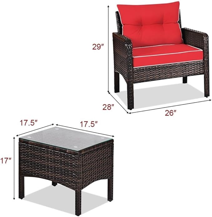 Pemberly Row 3-Piece 26'' Rattan Conversation Set Outdoor Seating Ensemble Built for Casual Comfort and Interaction Red