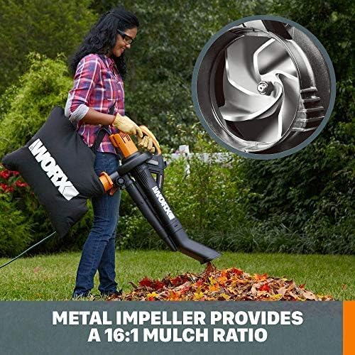 WORX Trivac 3 in 1 Electric Leaf Blower for Lawn Care Leaf Vacuum with 350 CFM &amp 210 MPH Leaf Mulcher with Metal Impeller WG505