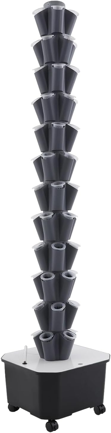 12-Tier Hydroponic Growing Tower 60-Plant Indoor Gardening System w/Automatic Water Circulation Vertical Aeroponic Tower Garden for Herbs Vegetables Fruits (Grey 60-Plants)