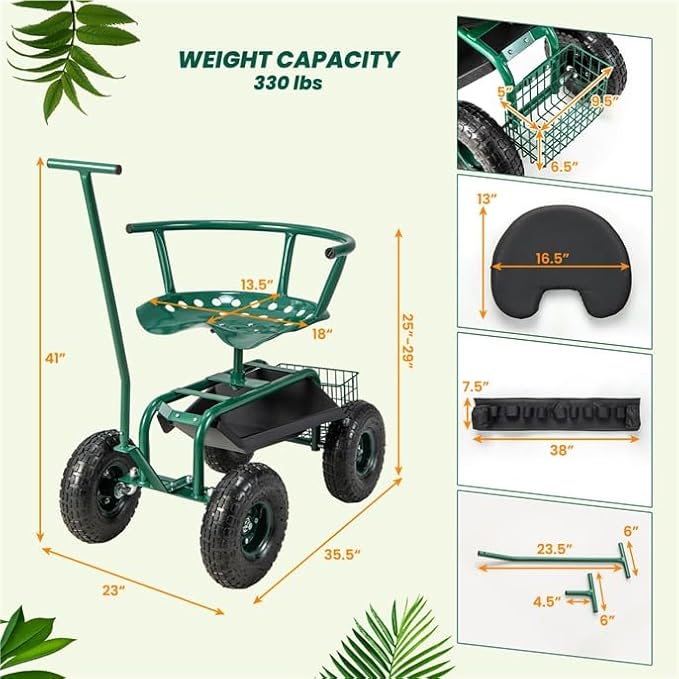 ERGOMASTER Garden Cart Rolling Workseat with Wheels2 Steering Handles360 Degree Swivel Seat &amp Tool Storage Use for Patio Yard and Outdoors Workseat Green