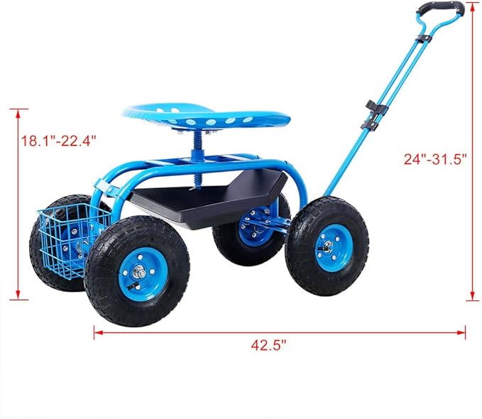 Garden Seat with Wheels Outdoor Garden Stool with Adjustable 360° Swivel Seat and Tool Tray Heavy Duty Rolling Garden Cart for Planting Gardening Scooter for Lawn Yard PatioBlue