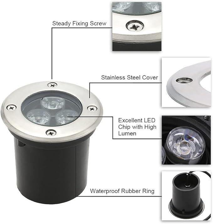 LED Spotlight LED Buried Lights3W Outdoor Recessed Round Landscape Lamp 12V/24V Ground Lights for DrivewayStepGardenPathwayPatio3 PackCool White Light12VYellow Light-12V