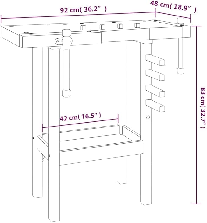 vidaXL Solid Wooden Workbench with Acacia Wood Top and Vices for Workshops Garages and Sheds – Large Space High Strength