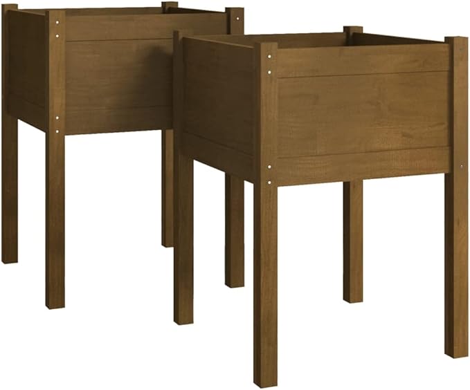 Honey Brown Solid Pinewood Planter Set of 2 Square 19.7x19.7x27.6 Inch Outdoor Indoor Garden Raised Bed for Patio Balcony Plants