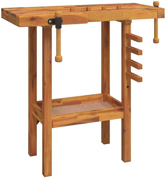 vidaXL Solid Wooden Workbench with Acacia Wood Top and Vices for Workshops Garages and Sheds – Large Space High Strength