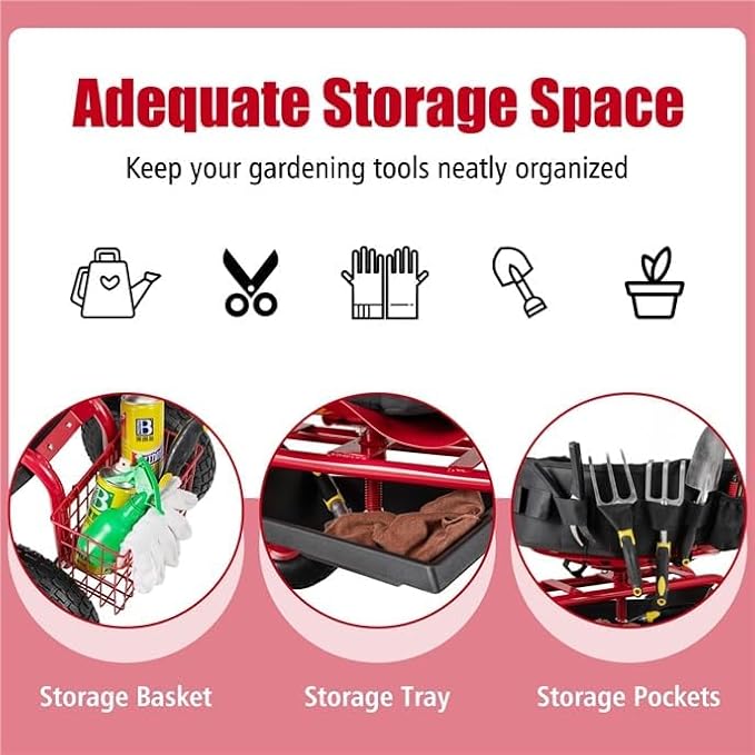 ERGOMASTER Garden Seat with Wheels Outdoor Gardening Wagon Scooter 2 Steering Handles 360° Swivel Workseat &amp Tool Storage Use for Patio Yard Lawn Red