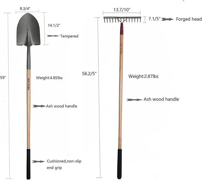 KYLIN 6-Piece Pro Long Ash Handle Garden Tools Set for Landscaping Agricture or Backyard14-Gauge ShovelsForged RakesForged Weeding Hoe Sidewalk Scraper