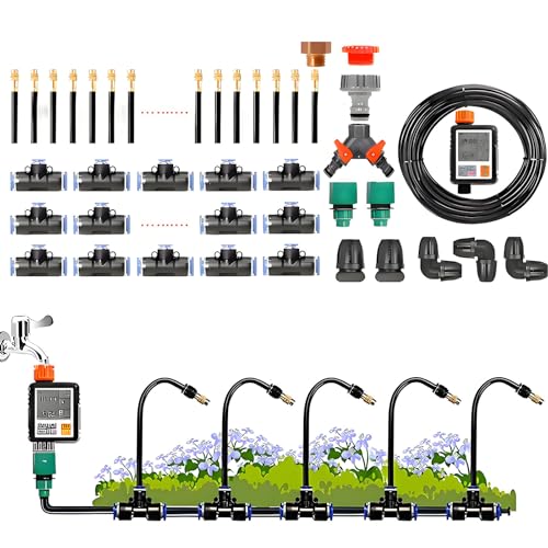 Automatic Drip Irrigation Kit - 20m/66ft Quick Connector System with 360° Adjustable Copper Nozzle for Garden Watering &amp Factory Cooling - Efficient Watering Solution