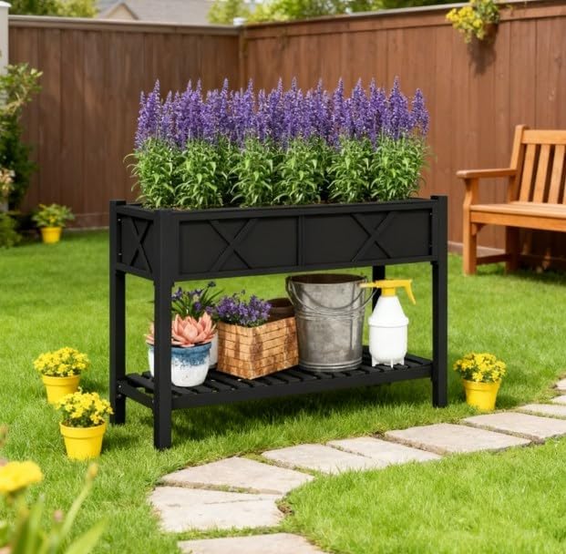Elevated Wood Planter Box with Storage Shelf &amp Liner Raised Garden Bed with Drainage Holes Complete Gardening Solution for Patio Deck &amp Backyard (Black)